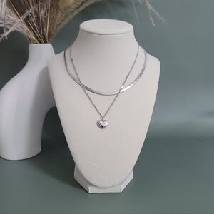Stainless steel silver tone layered heart snake necklace